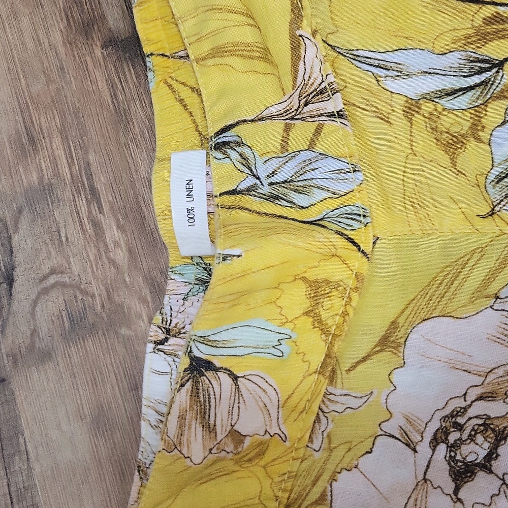 NICOLE MILLER Yellow Linen Tropical Floral Pocket Wide Leg Crop Pull-On Pant - Picture 4 of 12